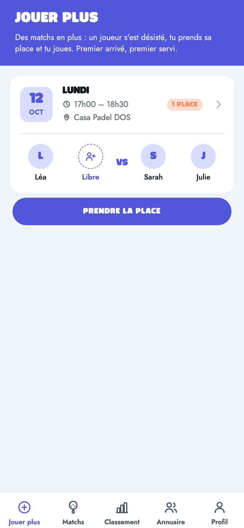 Écran Jouer plus de l'application Padel Circle Cup