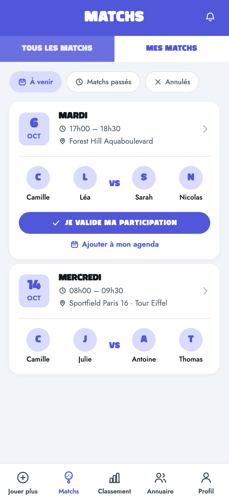 Écran Mes matchs de l'application Padel Circle Cup