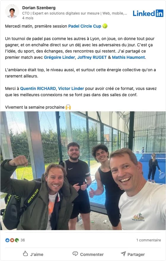 Post LinkedIn de Dorian Szenberg à propos de la Padel Circle Cup