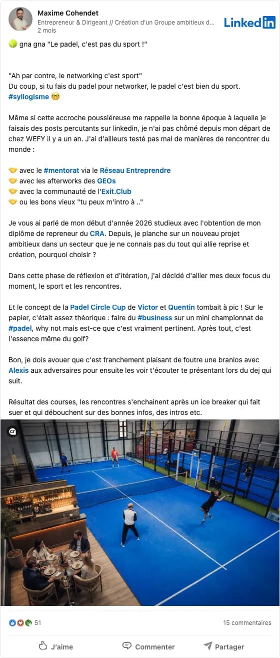 Post LinkedIn de Maxime Cohendet à propos de la Padel Circle Cup