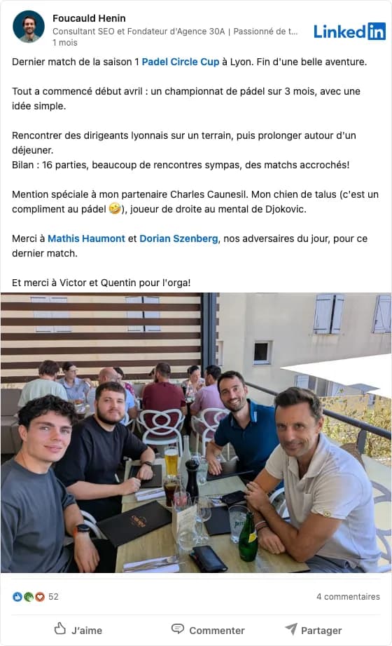 Post LinkedIn de Foucauld Hénin à propos de la Padel Circle Cup